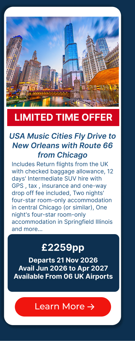 USA Music Cities Fly Drive to New Orleans with Route 66 from Chicago